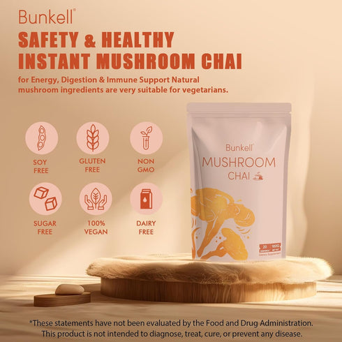 6 Immune 20 1 Pack Bunkell Mushroom Chai, Adaptogenic Mushrooms with Lion's Mane, Reishi, Cordyceps, Shiitake, King