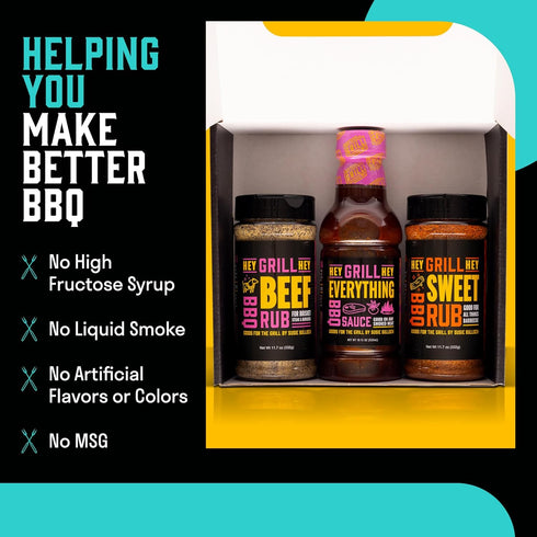 Set Set Hey Grill Hey | BBQ Seasoning and Barbeque Sauce Gift | Seasoning | Beef Rub, Sweet Rub, Everything Barbecue