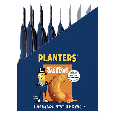 2 oz (Pack 15) PLANTERS Deluxe Honey Roasted Whole Cashews, Party Snacks, Plant-based Protein, Bags