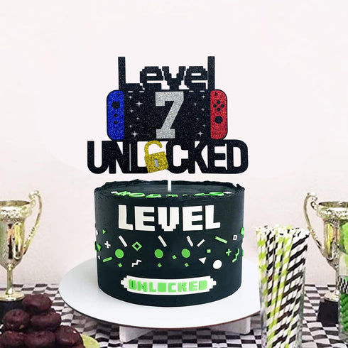 Happy 7th Birthday Video Game Cake Topper - Level 7 Unlocked Decoration for Kids Boys Girls Birthday Party