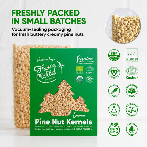 7oz FROM WILD Fresh Organic Pine Nuts Certified Vegan Kosher Unsalted Pignolias - Siberian, for Pesto, Raw nuts