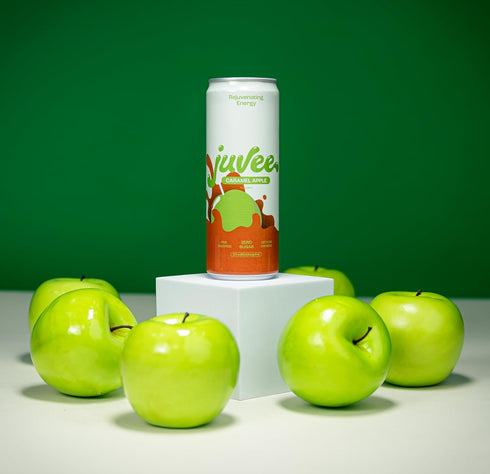 12 oz (12-Pack) 128mg Juvee Rejuvenating Energy Drink Sugar Free Caramel Apple Flavor, Cans Natural Caffeine, Zero