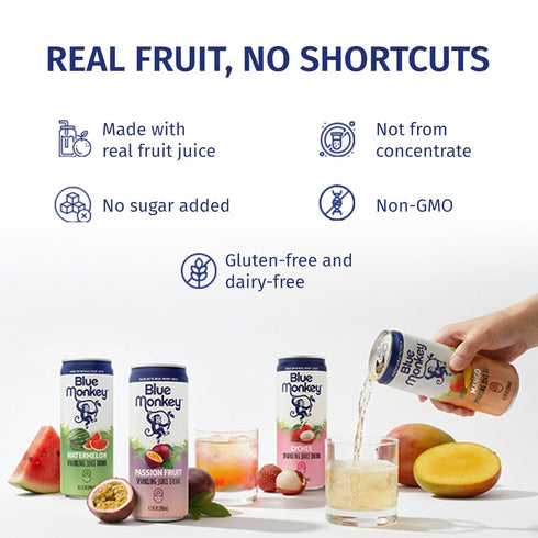 99.7% 11.2oz (330ml) 12-Pack Blue Monkey Sparkling Coconut Water with Mango - Coconut Water & Juice Blend - No Sugar