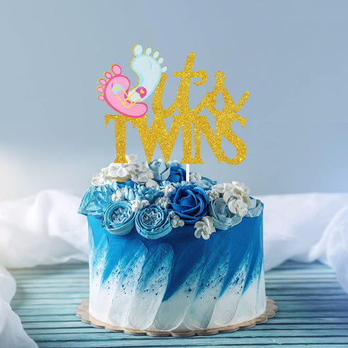 LHCING 1st It's Twins Gender Reveal Cake Topper - Baby Birthday Loveable Gold Glitter Footprints Cake Topper - Gender