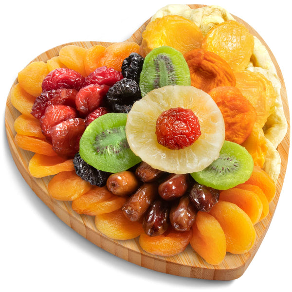 Dried Fruit on Heart Shaped Bamboo Tray Gourmet Dried Fruit Slices &