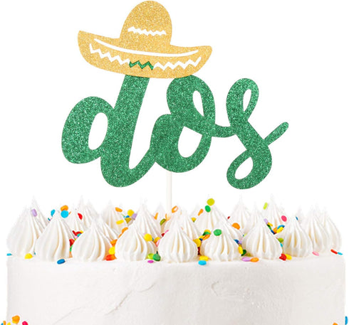 Dos Cake Topper Handmade Green Double Side Glitter Fiesta Party Decoration Supplies for Second Birthday