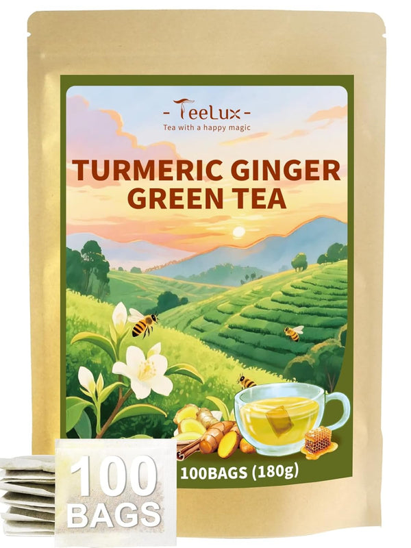 TeeLux Ginger Turmeric Green Tea Bags, Smooth Steamed Green Tea with Spicy
