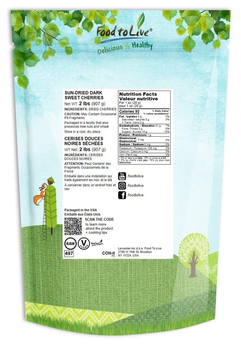 2 Food to Live Sun-Dried Dark Sweet Cherries, Pounds Unsweetened Whole Raw Pitted Fruits, Unsulfured, No Added Oil