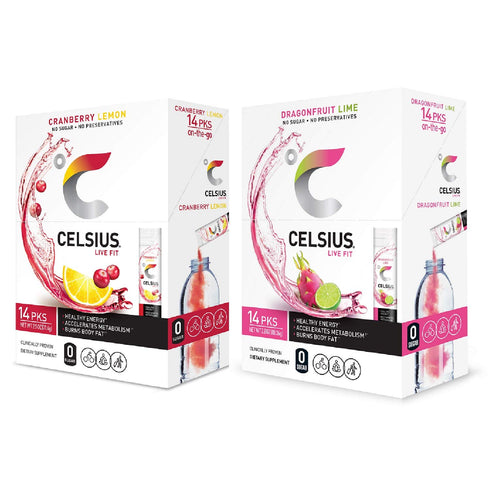 CELSIUS On-The-Go Powder Stick, Combo Pack of Dragonfruit Lime and Cranberry Lemon,