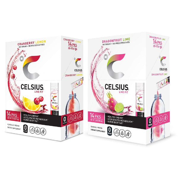CELSIUS On-The-Go Powder Stick, Combo Pack of Dragonfruit Lime and Cranberry Lemon,