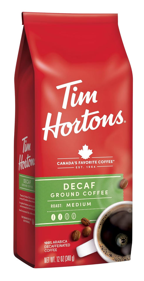 100% 12 Tim Horton's Arabica Medium Roast, Decaffeinated, Ground Coffee, Ounce