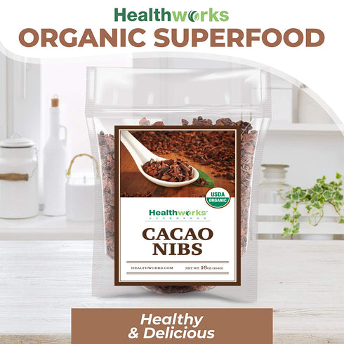 16 Oz 1 Lb Healthworks Superfoods Cacao Nibs Organic - / - Criollo Bean - Raw Unsweetened Chocolate Substitute