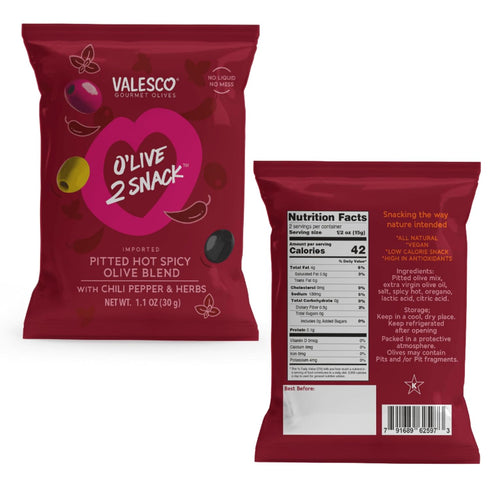 2 Pack, 6 1 oz (12 Valesco, O'Live Snack Pitted Olives Variety Flavors, Pouches)