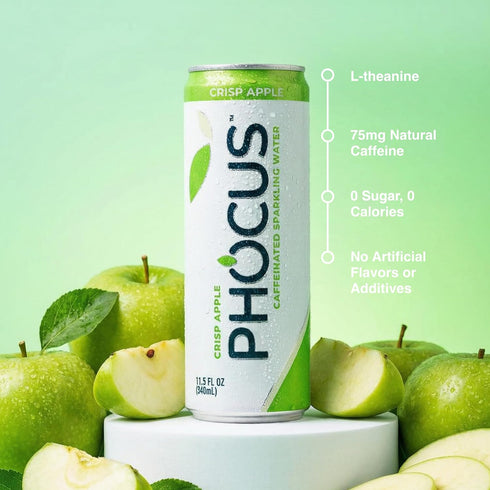 75mg 11.5 oz (Pack 12) PHOCUS Caffeinated Sparkling Water, Crisp Apple, Natural Caffeine Plus L-Theanine, Zero Sugar