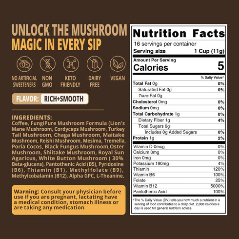 14-Mushrooms, 16 Count Mushroom Coffee K Cup Focus & Gut-Health with Vitamins, L-Theanine and Alpha GPC, Single Serve