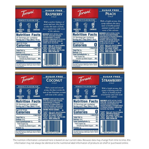 Pack, 25.4 oz, (Set 4) Torani Sugar Free Flavored Drink Syrup Soda Flavors Variety Raspberry, Coconut, Strawberry
