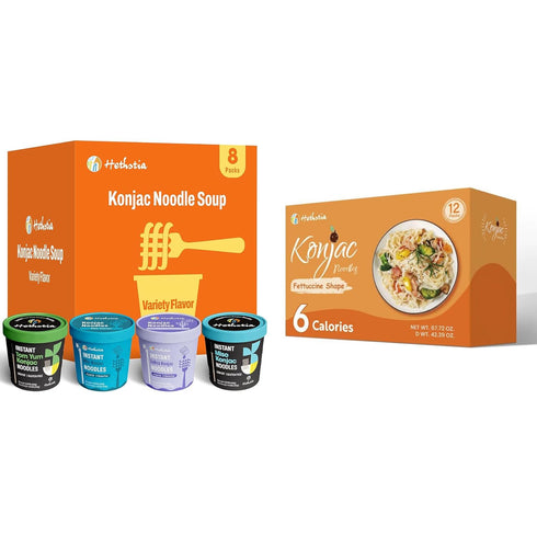 Hethstia Konjac Noodle Soup Cups & Shirataki Fettuccine Bundle Low Calorie Low