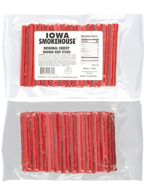 27 oz IOWA SMOKEHOUSE Smoked Beef Sticks, Cheesy Original - Protein Meat Snack - Sealed & Ready to Eat Sticks, Made