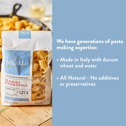 100% 4 Pack DeLallo Mezzi Rigatoni Pasta, Made with Only Durum Wheat Semolina, Bronze Cut, Made in Italy, All Natural