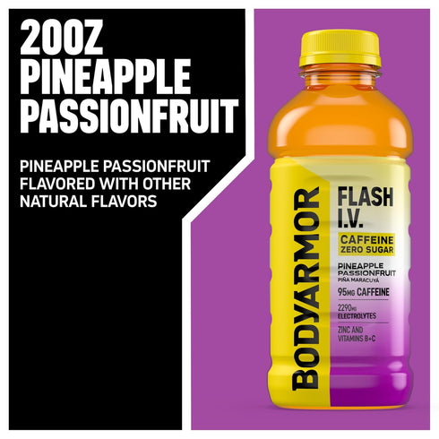 20 Oz (Pack 12) BODYARMOR Flash I.V. Zero Sugar + Caffeine, Pineapple Passionfruit Electrolyte Beverage, Hydration