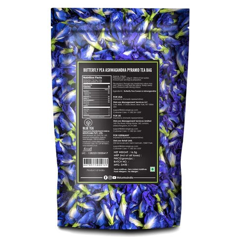 BLUE TEA - Butterfly Pea Flower Ashwagandha Herbal Tea - 10 Pyramid Tea Bags, Caffeine Free
