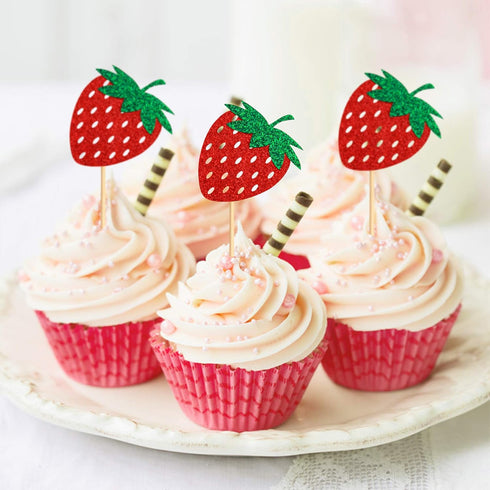 36 Pack Red Strawberry Cupcake Toppers, Strawberry Theme Picks for Birthday Wedding Baby Shower Summer Garden Party