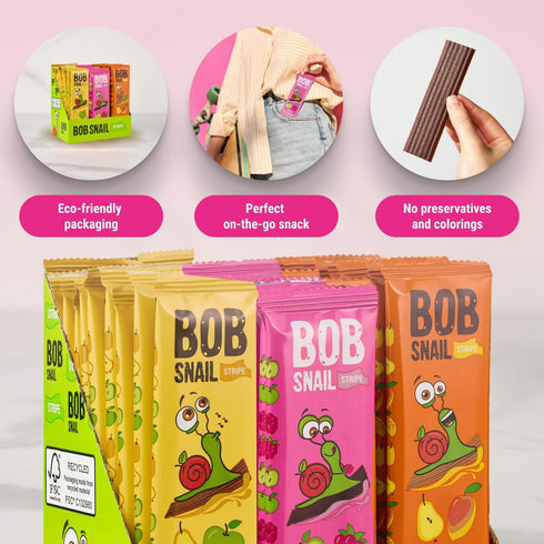 30 Pack BOB SNAIL Healthy Fruit Snacks for Kids and Adults Fruit Leather Snacks with Pear-Apple, Raspberry, Mango Vegan