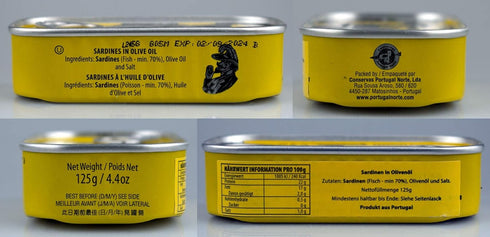 Porthos 3 125 Sardines in olive oil tins x g, / Portugal