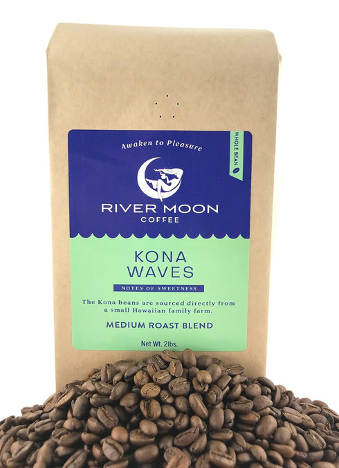 2 lbs, 100% River Moon Coffee, Kona Coffee Whole Bean, Medium Roast, Kona Waves Hawaiian Blend, Sustainably Farmed