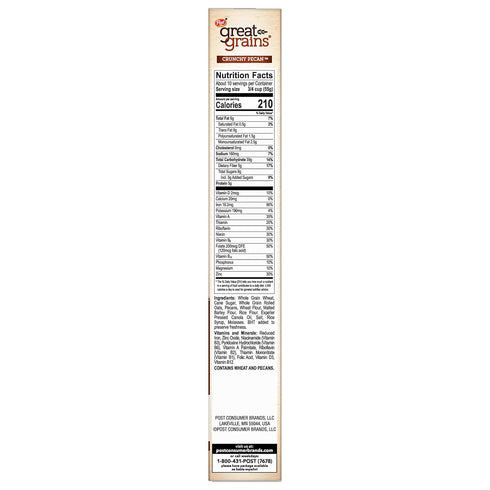 Great Grains 19 (Pack 3) Post Crunchy Pecan Breakfast Cereal, Non GMO Project Verified, Heart Healthy, Low Saturated