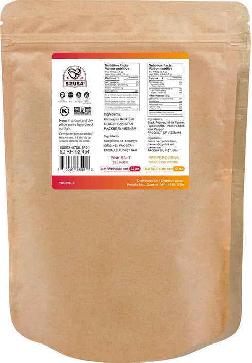 52USA 12oz 2 lb (Pack 2), Packed Rainbow Peppercorn Blend + Himalayan Pink Salt Coarse of Kosher, to Keep Pepper Fresh