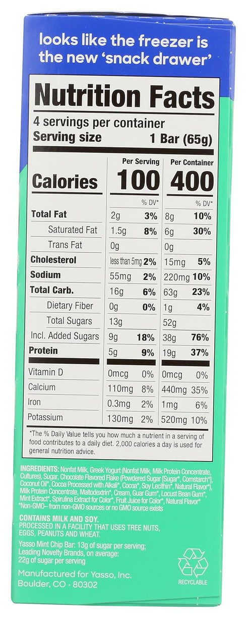 Frozen 4 Count, 14 YASSO Mint Chocolate Greek Yogurt Bar FZ