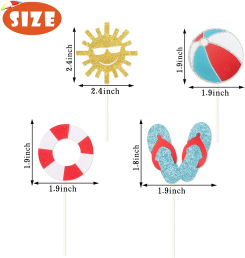 24Pcs Glitter Summer Beach Cupcake Toppers, Pool Party Picks for Hawaiian Theme Birthday Decorations