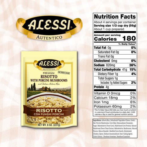 8oz Pack 6) Alessi Autentico, Premium Seasoned Risotto, Italian Arborio Rice, Easy to Prepare, (Porcini Mushroom