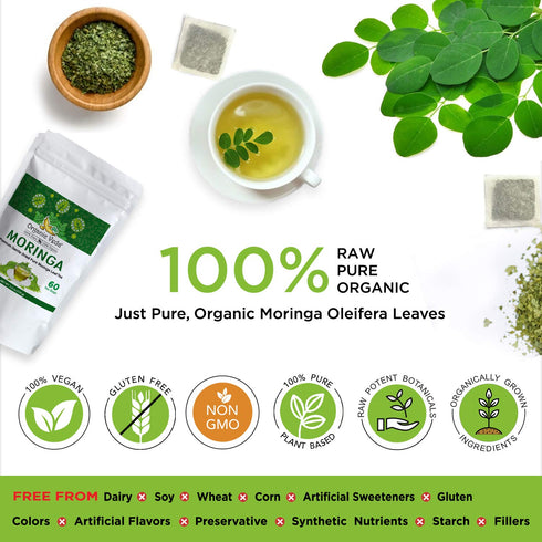 Organic Veda Moringa Tea Bags - 100% Pure Organically Grown Moringa Powder, Rich in Vitamins, 60 Tea Bags