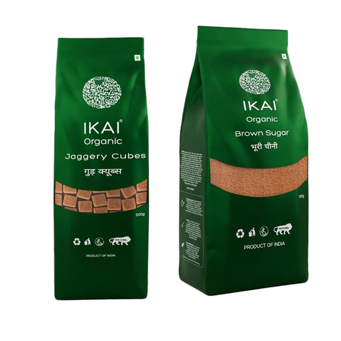 IKAI Organic Natural Jaggery Cubes (Single Packet) + Organic Brown Sugar (Single