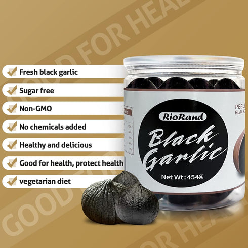 454g 90-Day 1 Lb RioRand Black Garlic Whole Peeled, Aged Jar, No Added Preservatives, Ready to Eat