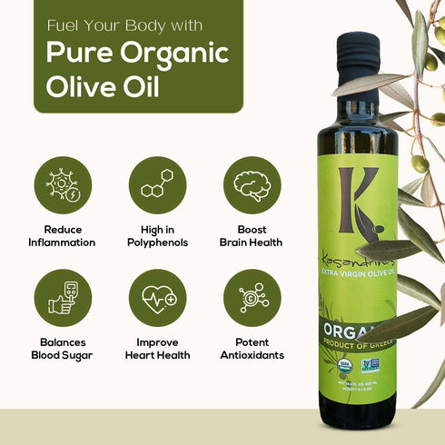 100% 500 ml 16.9 oz Kasandrinos Organic Olive Oil Extra Virgin, Polyphenol Rich Greek Olive Oil, Organic First Cold