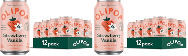 OLIPOP Prebiotic Soda Pop,Strawberry Vanilla,Pantry Pack Packed with Prebiotics,Fiber,and Botanicals,Gluten Free,Vegan,GMO Free,12oz,(Pack