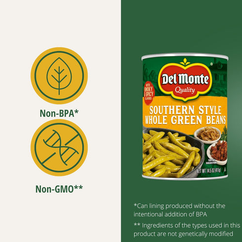 14.5 oz. (Pack 12) Del Monte Southern Style Whole Green Beans, Can of Spicy & Smoky Flavors, Ready to Eat Side Dish