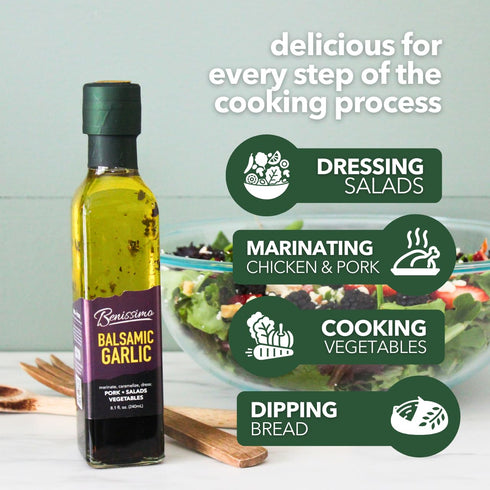 8.1 oz Benissimo Balsamic Garlic Herb Infused Oil & Vinegar Blend, All Natural Gourmet Blend with Bold Balsamic