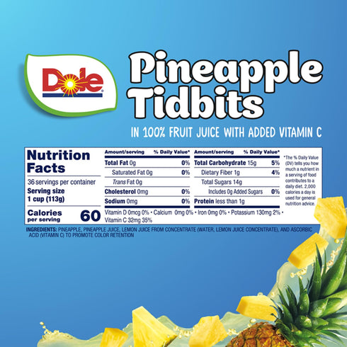 100% 4oz 36 Dole Fruit Bowls Pineapple Tidbits in Juice Snacks, Total Cups, Gluten & Dairy Free, Bulk Lunch Snacks