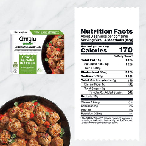 15g 10 oz Amylu Foods Organic Spinach & Red Pepper Chicken Meatballs, Natural Ingredients, of Protein, Chicken Raised
