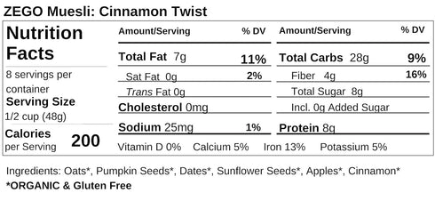 13oz ZEGO Foods Organic, Superfood Oatmeal & Muesli, Certified Gluten Free (Cinnamon Twist)