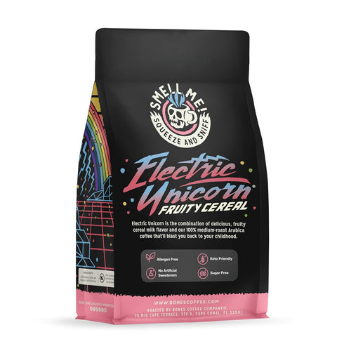12 Oz Bones Coffee Company Electric Unicorn, Fruity Cereal With Milk Flavored Coffee, Medium Roast Low Acid Arabica