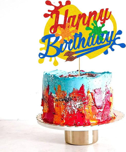 Happy Birthday Cake Decoration, Glitter Art Brush Palette Themed for Girl Boy Kids Birthday Party (Double Sided)