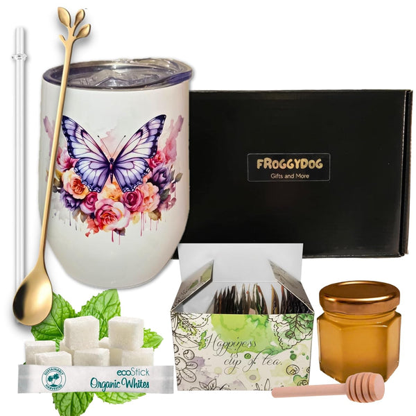 FroggyDog Tea and Honey Gift Set Insulated Floral Tumbler with Lid, 18 Tea