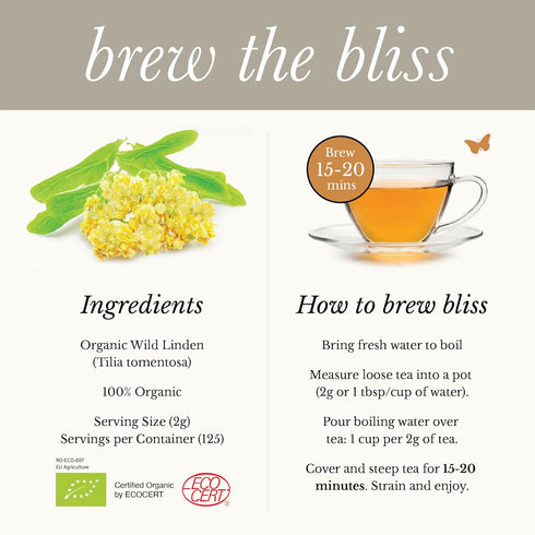 8.8 125 Wild Bliss Organic Linden Flower Tea - Caffeine Free Loose Leaf Calming Herbal Tea - Ounces - Servings