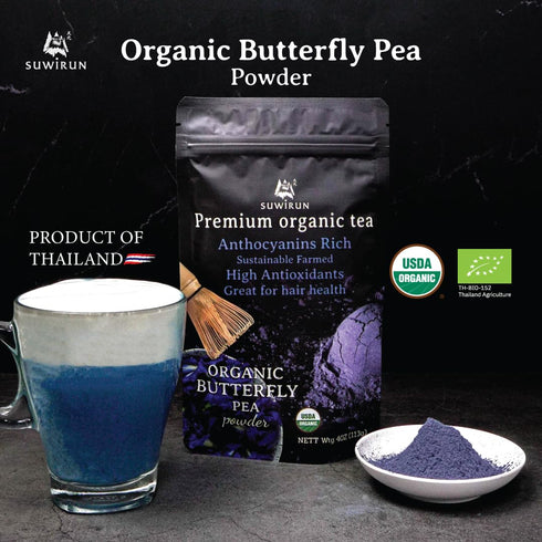 Suwirun Organic Butterfly Pea Powder, 4oz Natural Blue Tea & Superfood for Color-Changing Drinks and Baking