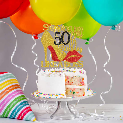 INNORU Gold Red Glitter Stepping into 50 Cake Topper, 50th Birthday Cake Decor for Happy Birthday Party
